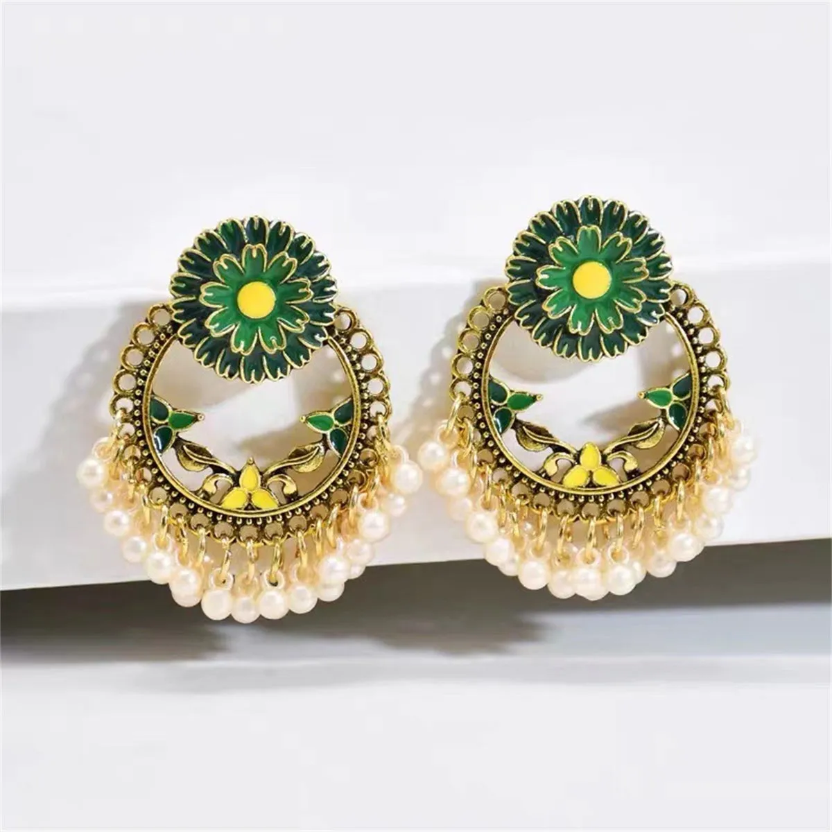 Brown Enamel & Pearl 18K Gold-Plated Floral Wreath Drop Earrings