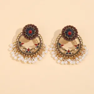Brown Enamel & Pearl 18K Gold-Plated Floral Wreath Drop Earrings