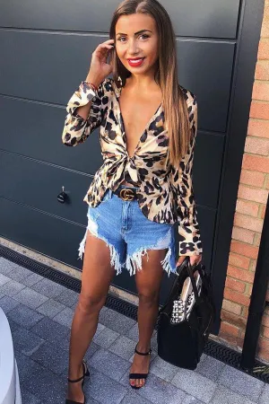 Brown Leopard Plunge Tie Front Shirt - Halina