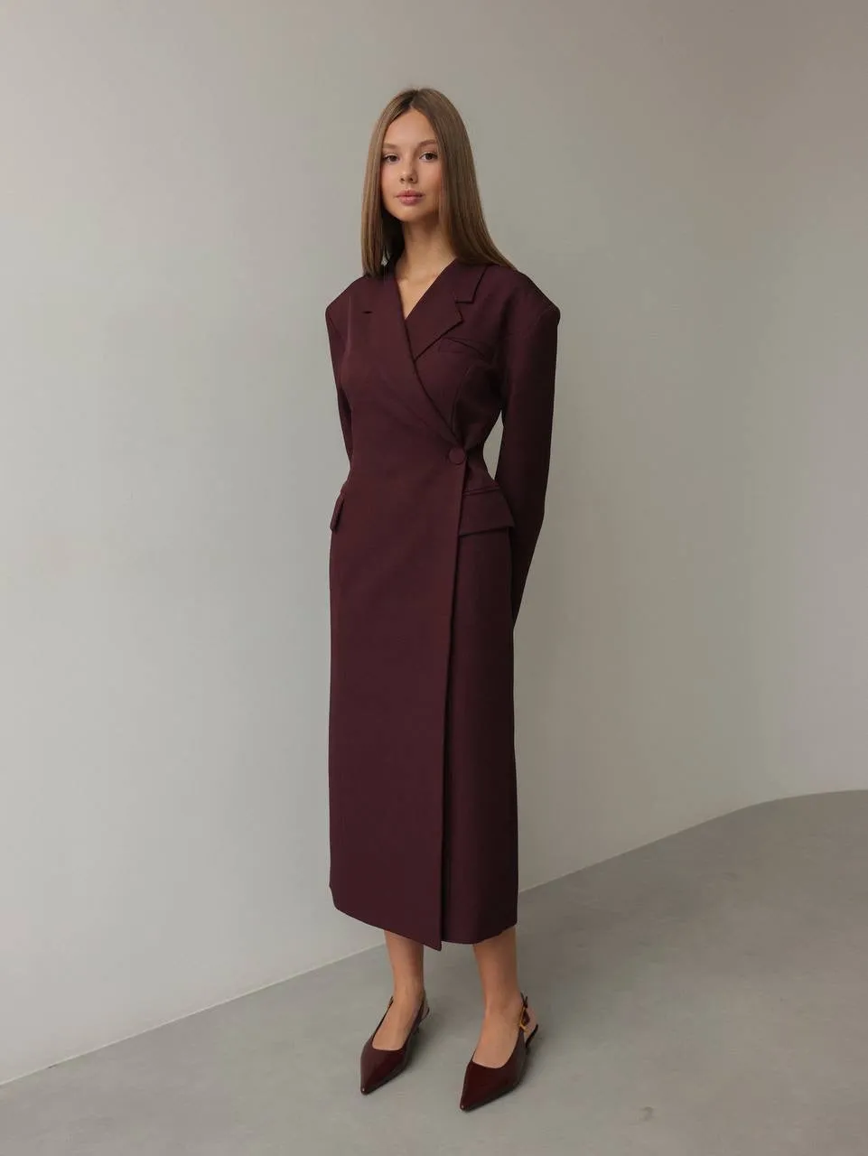 Burgundy Wrap Midi Dress with Blazer Detail