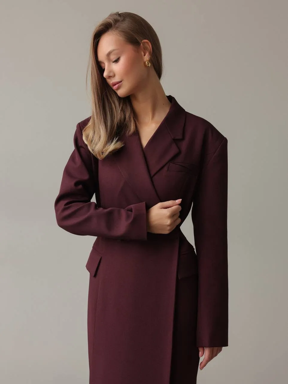 Burgundy Wrap Midi Dress with Blazer Detail