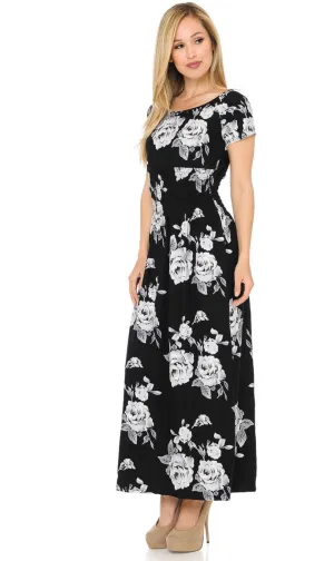 Buttery Soft Short Sleeve White Rose Maxi Dress