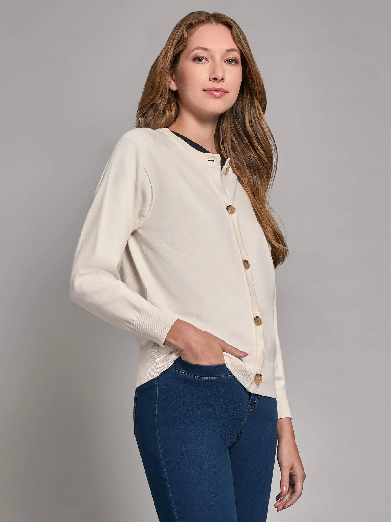 Button-Front Saddle Shoulder Cardigan
