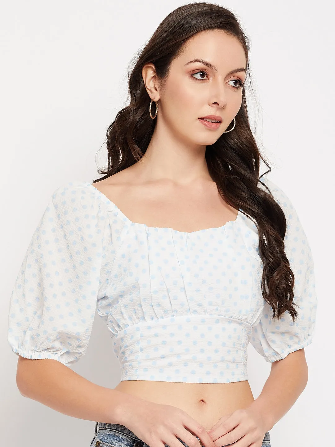 Camla Barcelona White Square Neckline Puffed Sleeves Crop Top