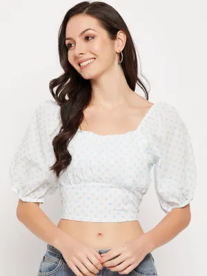 Camla Barcelona White Square Neckline Puffed Sleeves Crop Top