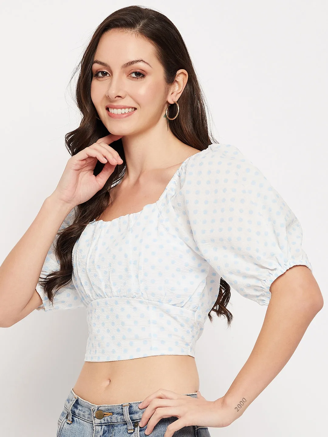 Camla Barcelona White Square Neckline Puffed Sleeves Crop Top
