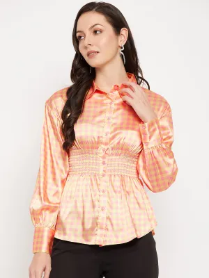 Camla Barcelona Yellow Check Printed Smocked Satin Shirt
