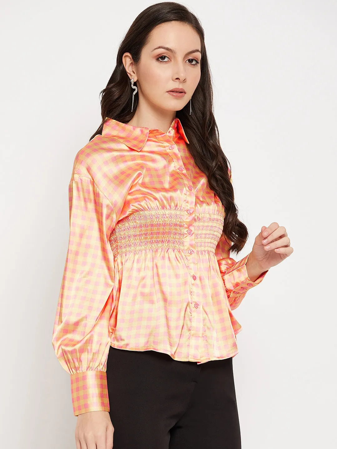 Camla Barcelona Yellow Check Printed Smocked Satin Shirt