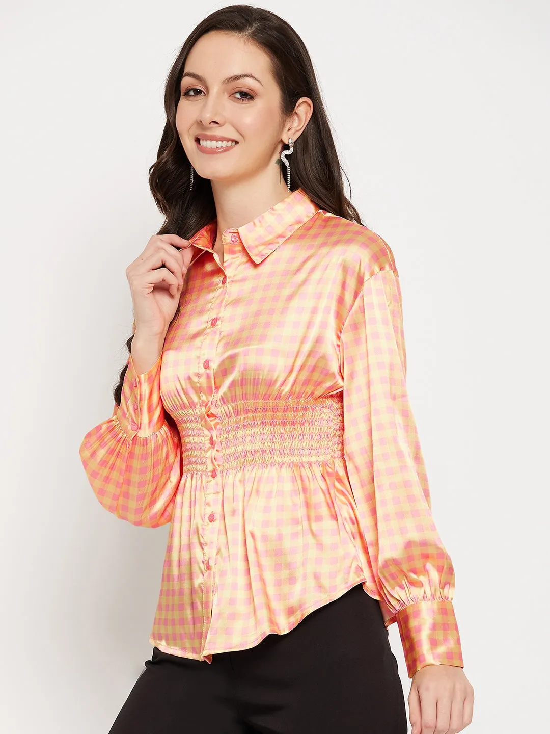 Camla Barcelona Yellow Check Printed Smocked Satin Shirt