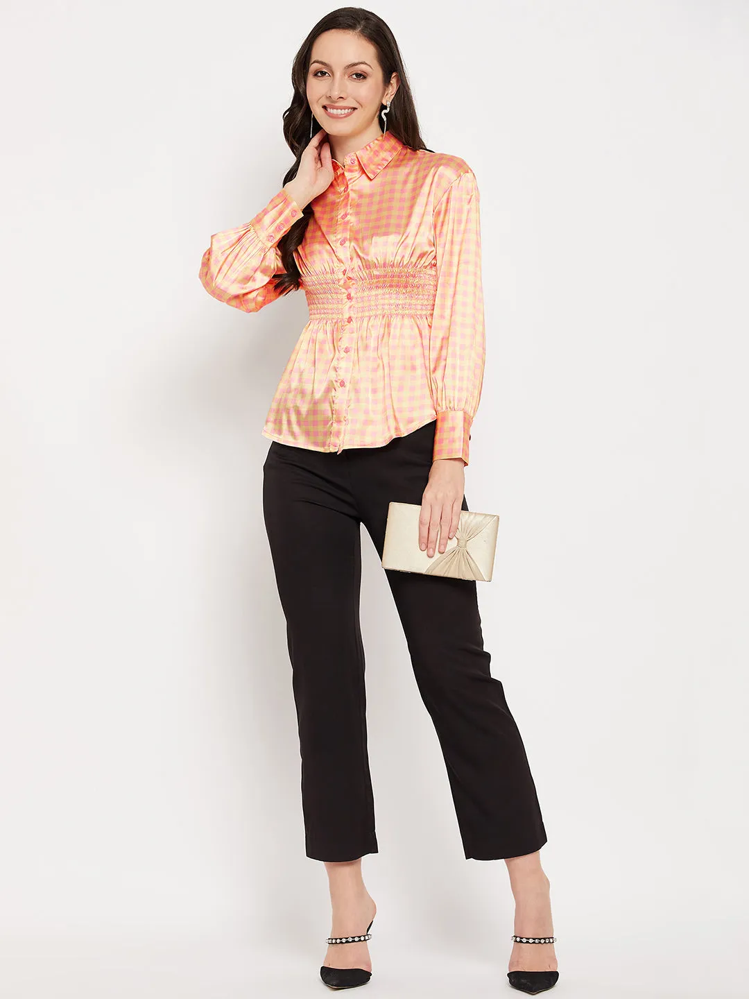 Camla Barcelona Yellow Check Printed Smocked Satin Shirt