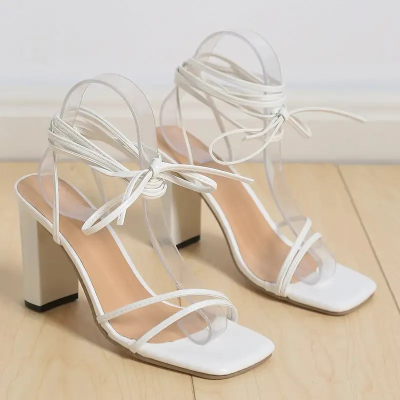 'Caris' Tie-Up Cross Strap Block Heels