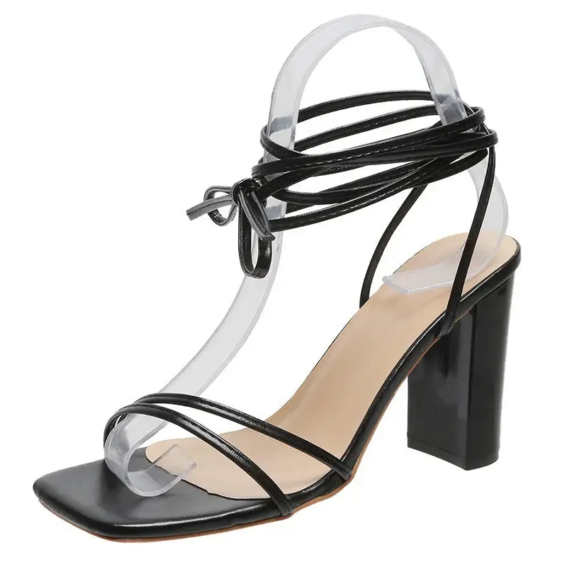 'Caris' Tie-Up Cross Strap Block Heels