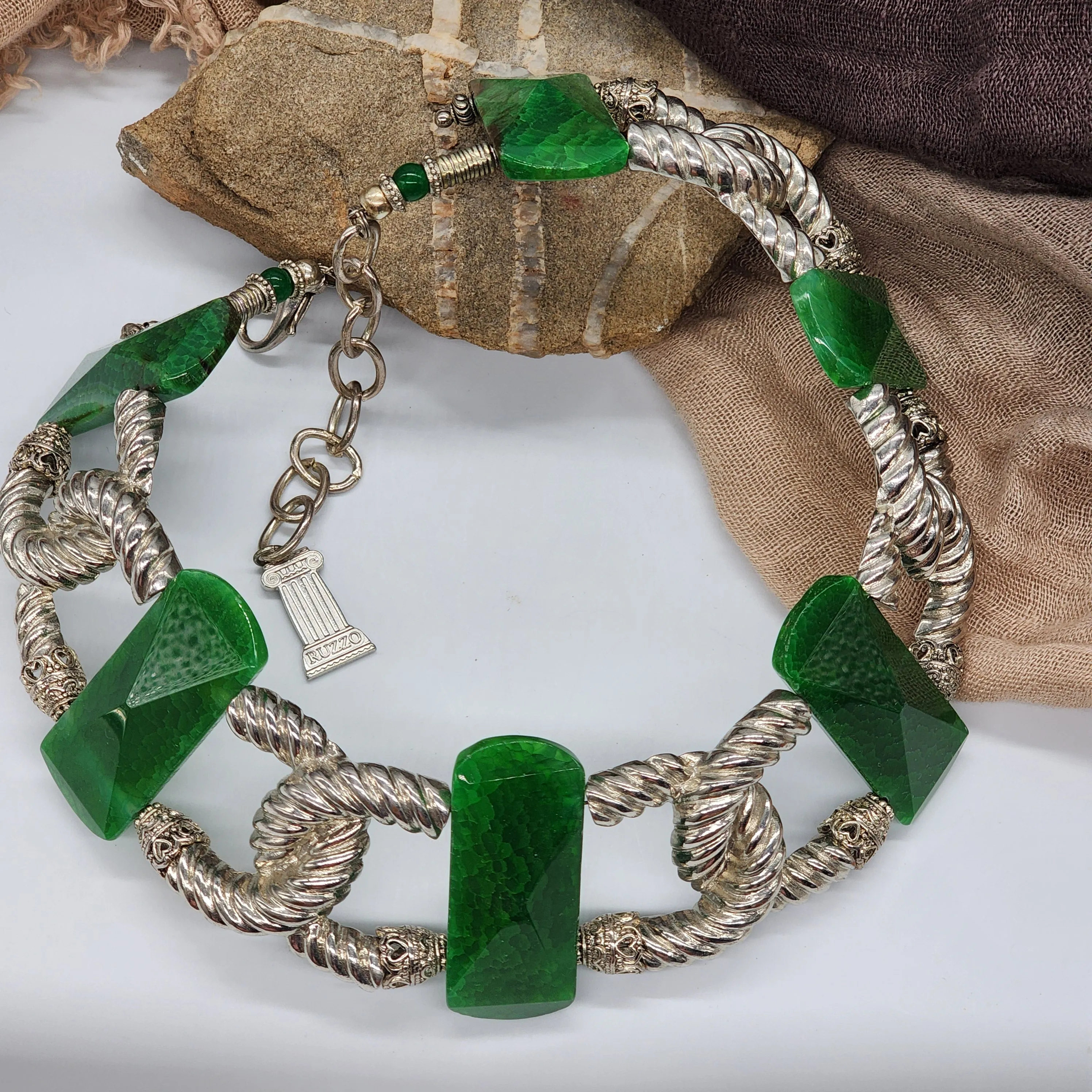Carleon / Designer Jewelry Artisan Statement Necklace Vintage Silver Natural  Green Agate Stone Sexy Chocker Necklace Gift For Women