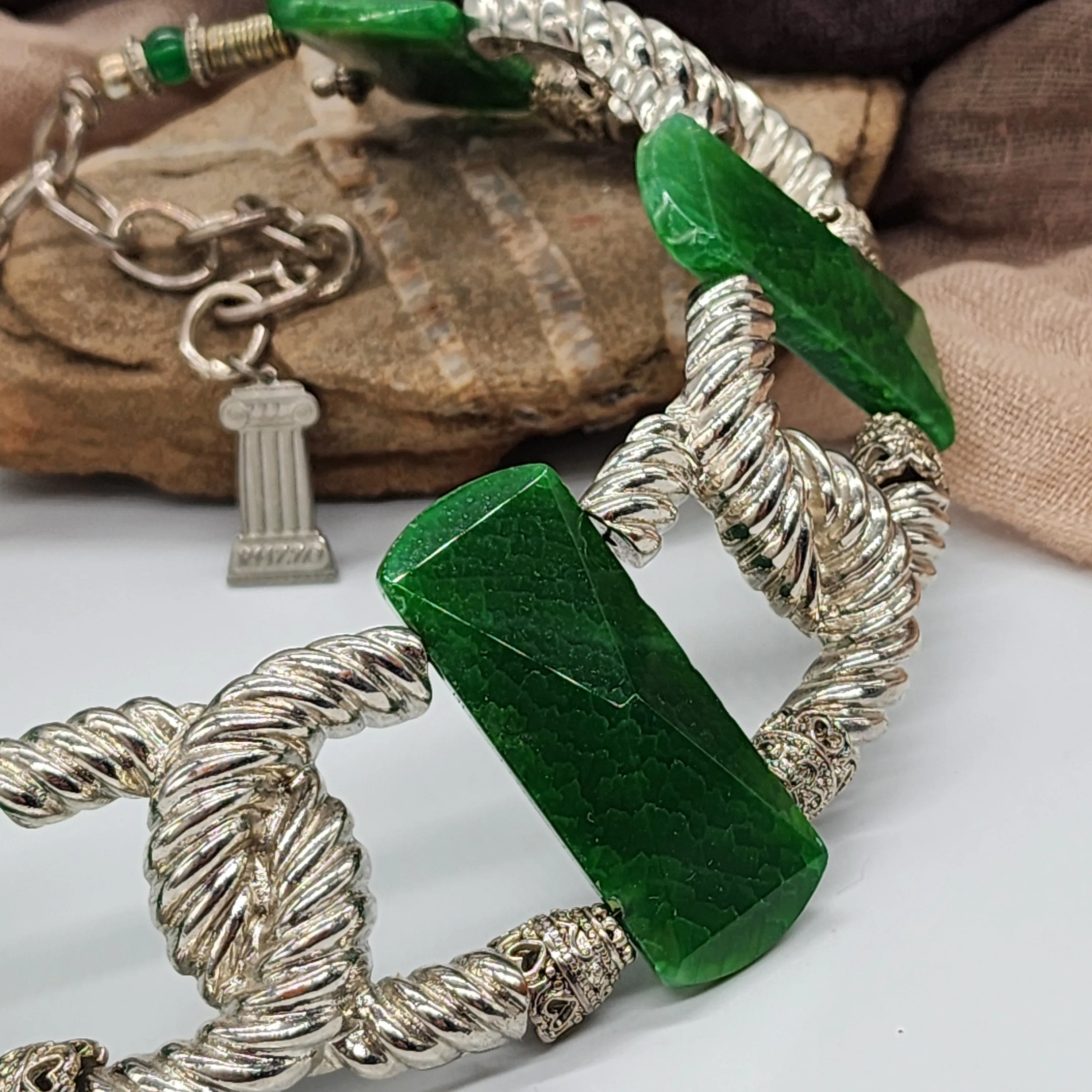 Carleon / Designer Jewelry Artisan Statement Necklace Vintage Silver Natural  Green Agate Stone Sexy Chocker Necklace Gift For Women