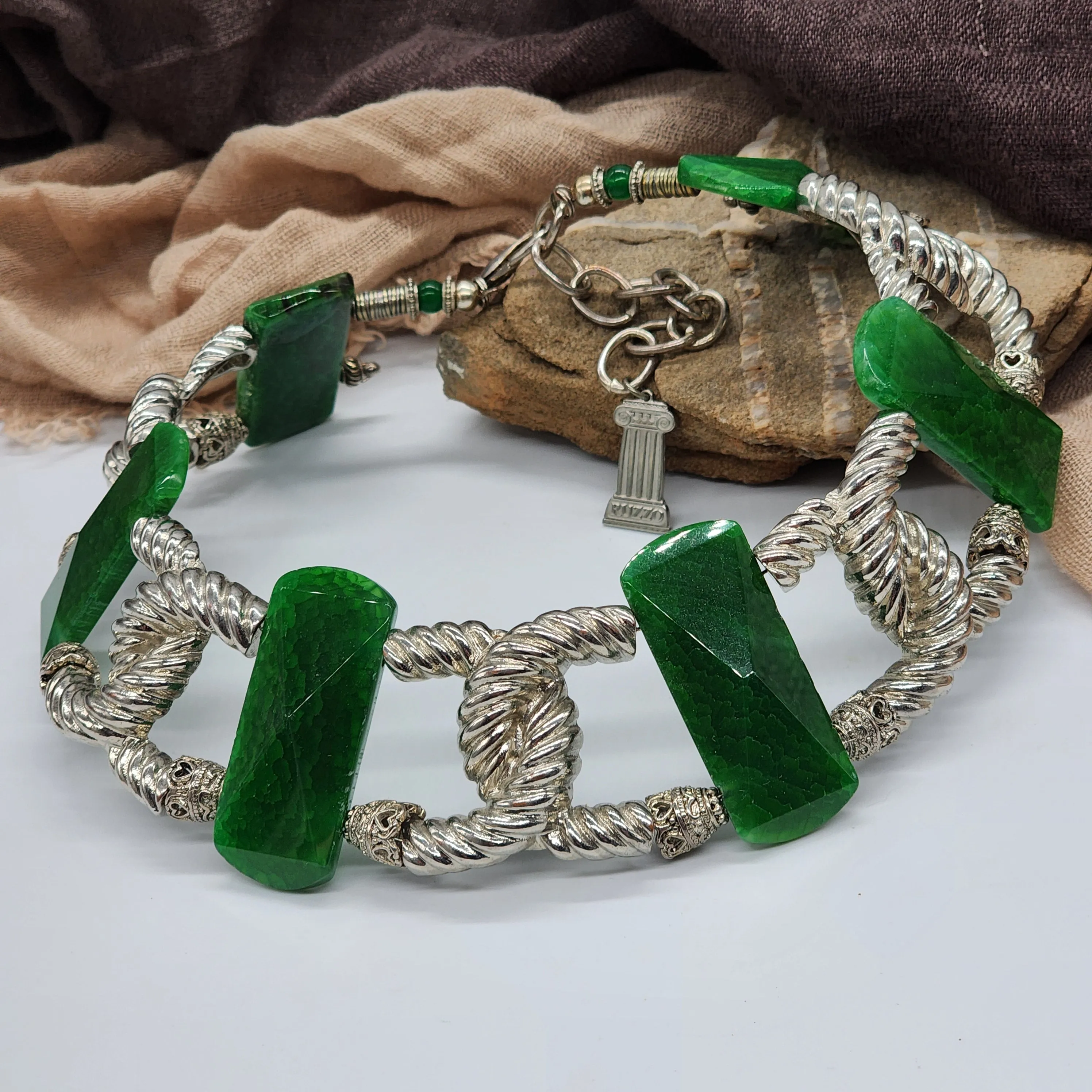 Carleon / Designer Jewelry Artisan Statement Necklace Vintage Silver Natural  Green Agate Stone Sexy Chocker Necklace Gift For Women