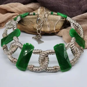 Carleon / Designer Jewelry Artisan Statement Necklace Vintage Silver Natural  Green Agate Stone Sexy Chocker Necklace Gift For Women