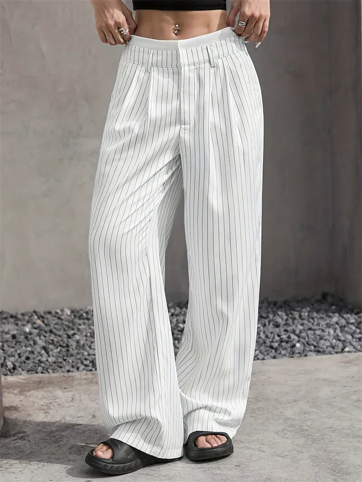 Casual High-Rise Spliced Striped Pants for Women