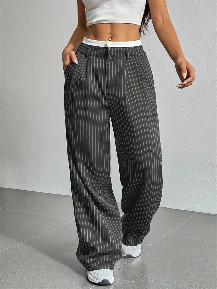Casual High-Rise Spliced Striped Pants for Women