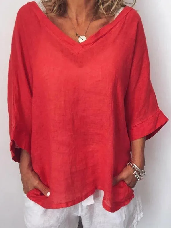 Casual Solid V Neck 3/4 Sleeve Tops