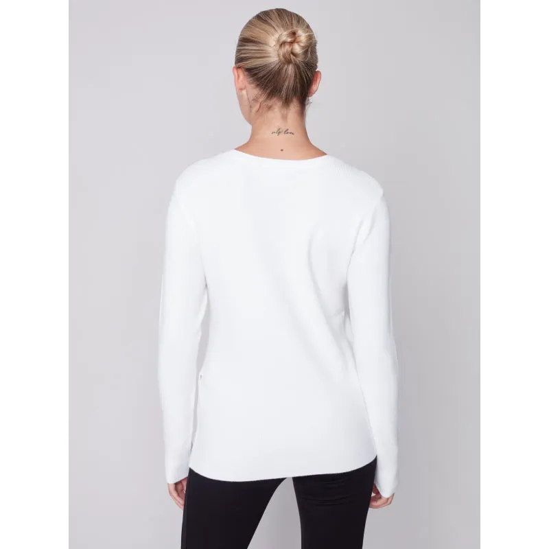 Charlie B Plushy Knit V-Neck with Grommets