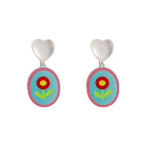 Clear Cat Eye & Red Acrylic Floral Oval Heart Drop Earrings