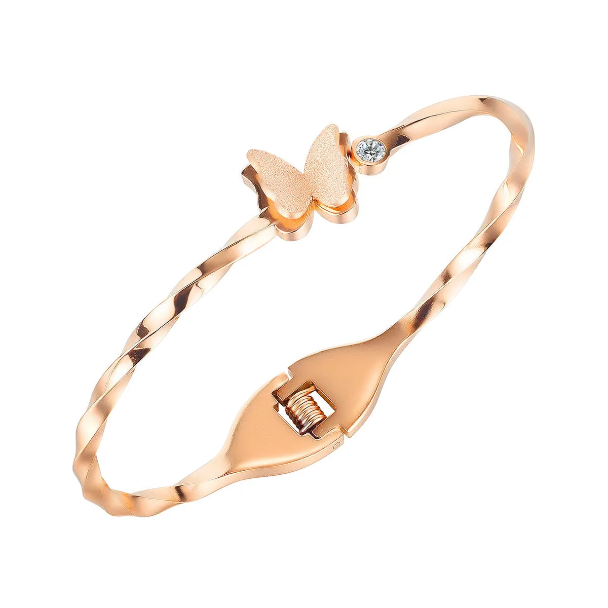 Clear Cubic Zirconia & 18K Rose Gold-Plated Frosted Butterfly Twisted Bangle