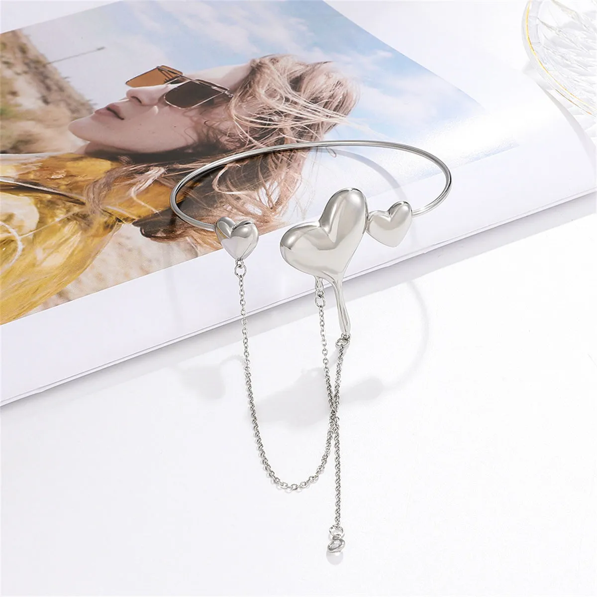 Clear Cubic Zirconia & Silver-Plated Hearts Arm Cuff