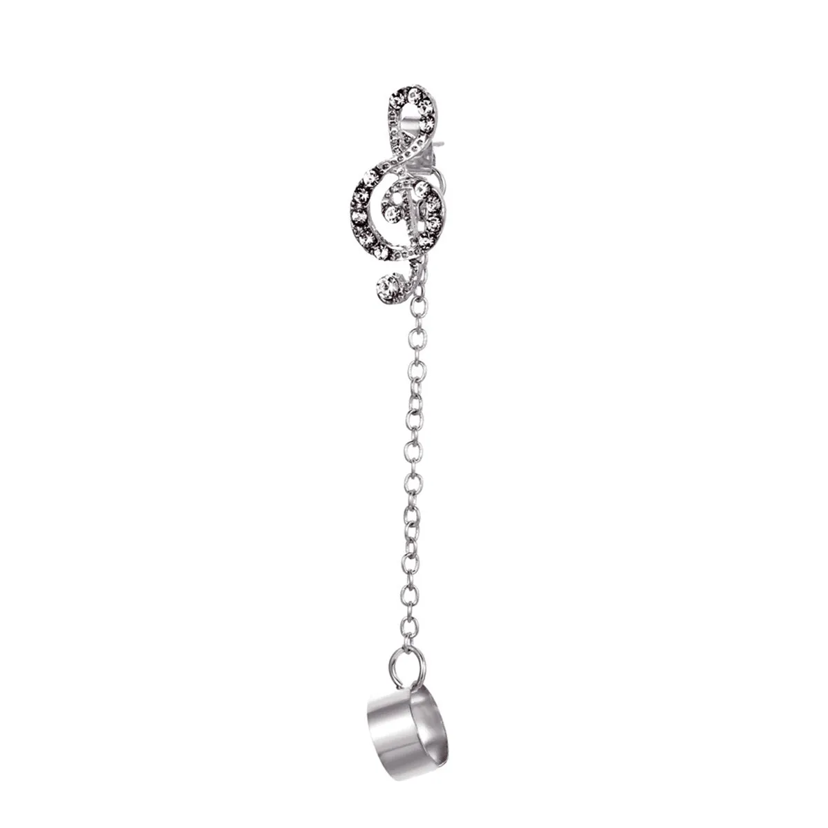 Clear Cubic Zirconia & Silver-Plated Treble Clef Chain Ear Cuff