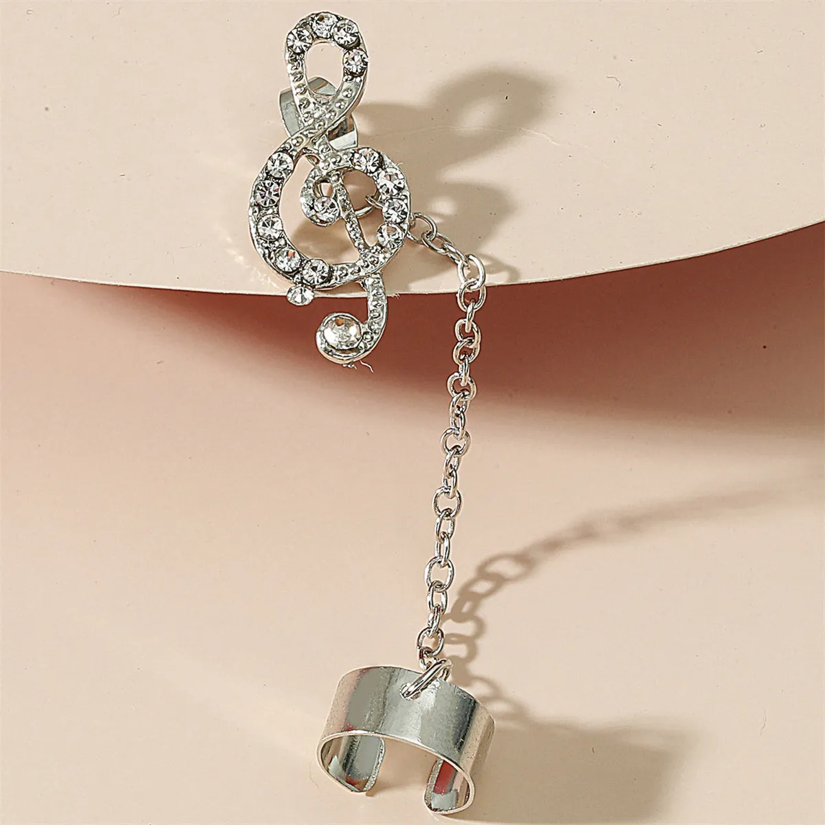Clear Cubic Zirconia & Silver-Plated Treble Clef Chain Ear Cuff