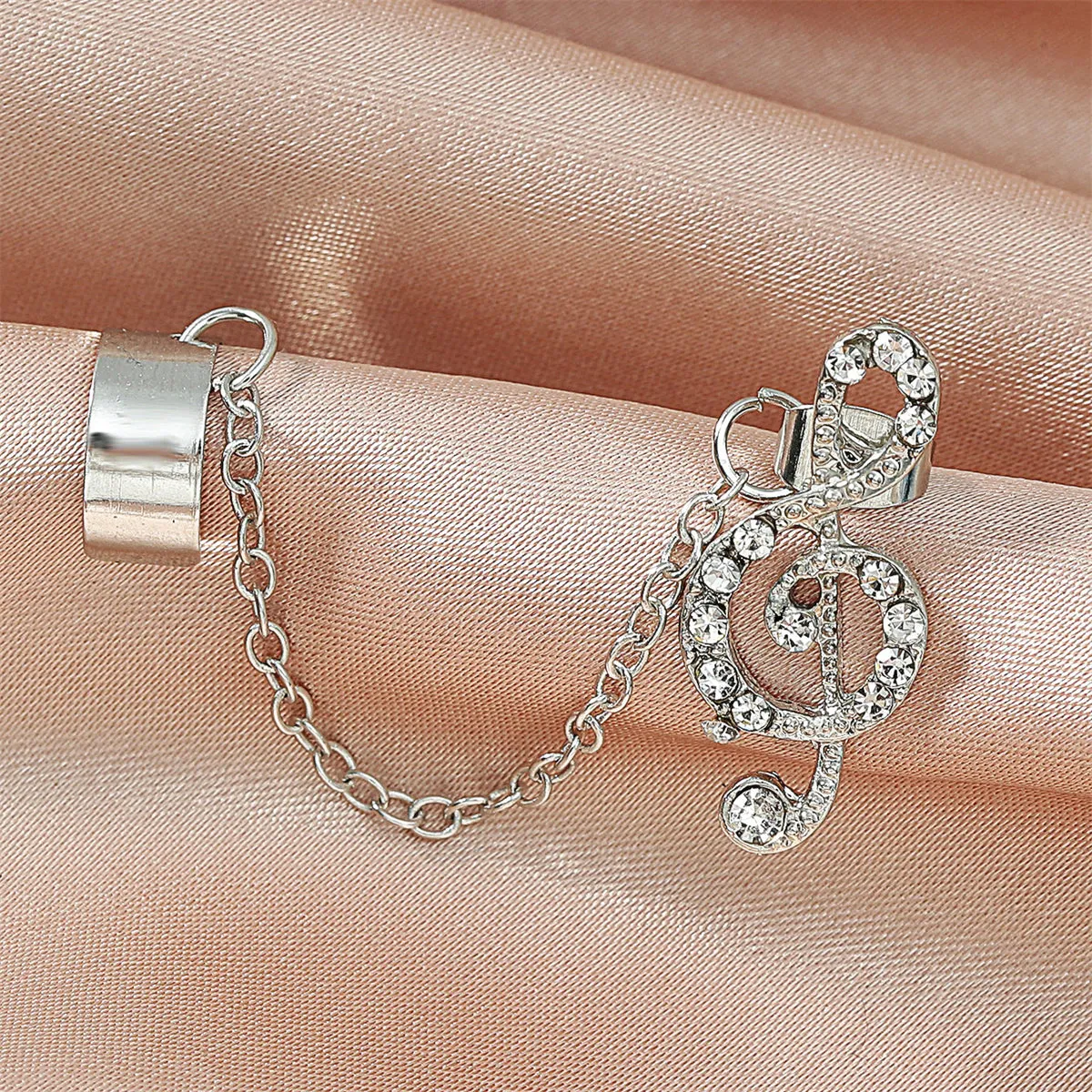 Clear Cubic Zirconia & Silver-Plated Treble Clef Chain Ear Cuff