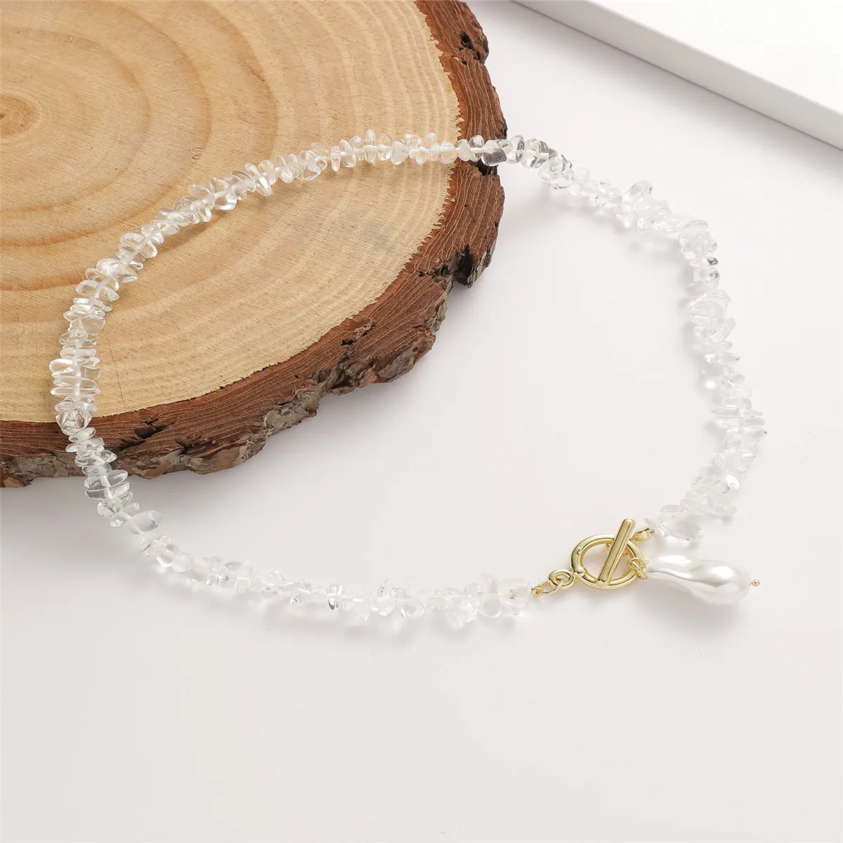 Clear Resin & Pearl Irregular Stone Toggle Pendant Necklace