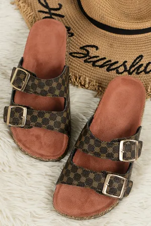 Coffee Geometric Print  Leather Flat Sandals