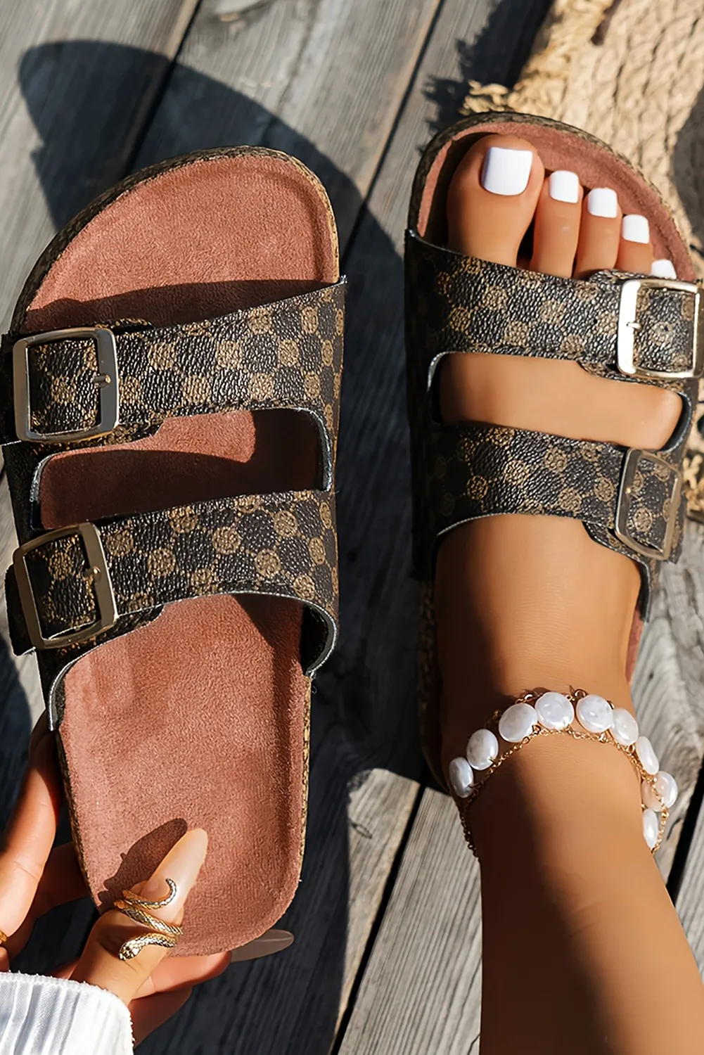Coffee Geometric Print  Leather Flat Sandals