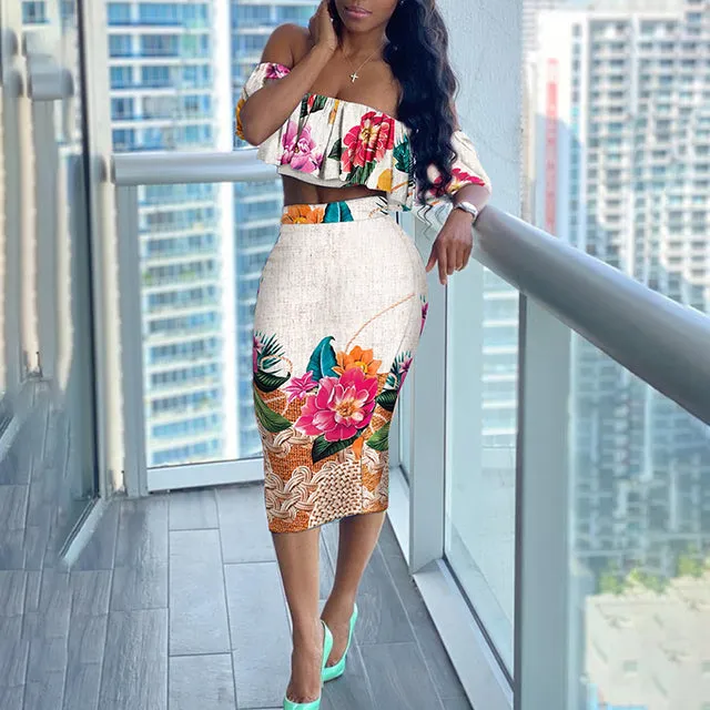 Colorful Two Piece Off Shoulder Short Sleeve Floral Dress