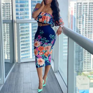 Colorful Two Piece Off Shoulder Short Sleeve Floral Dress