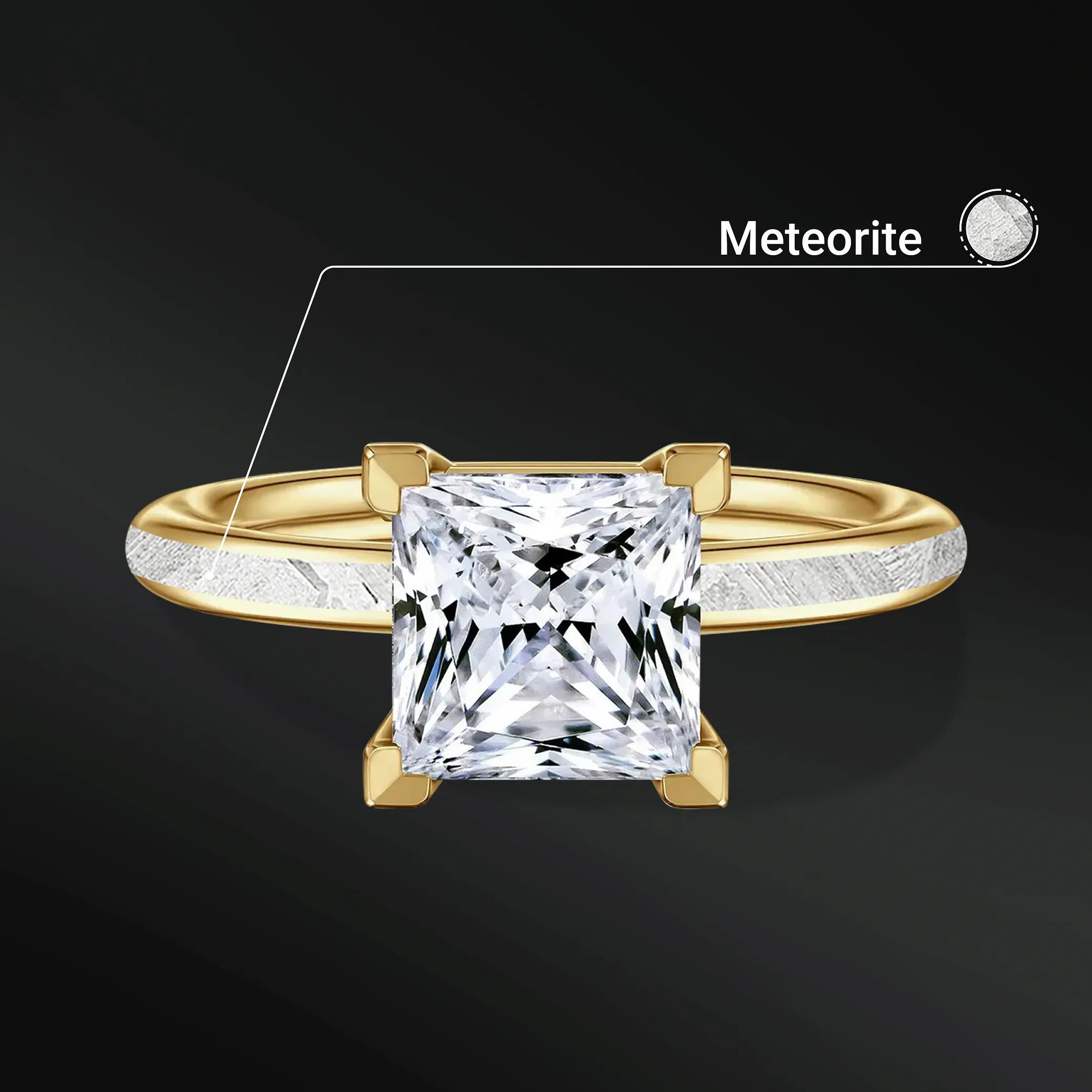Cosmic Princess - 14K Gold Engagement Ring for Women | 2ct Princess Moissanite with Natural Meteorite Inlay
