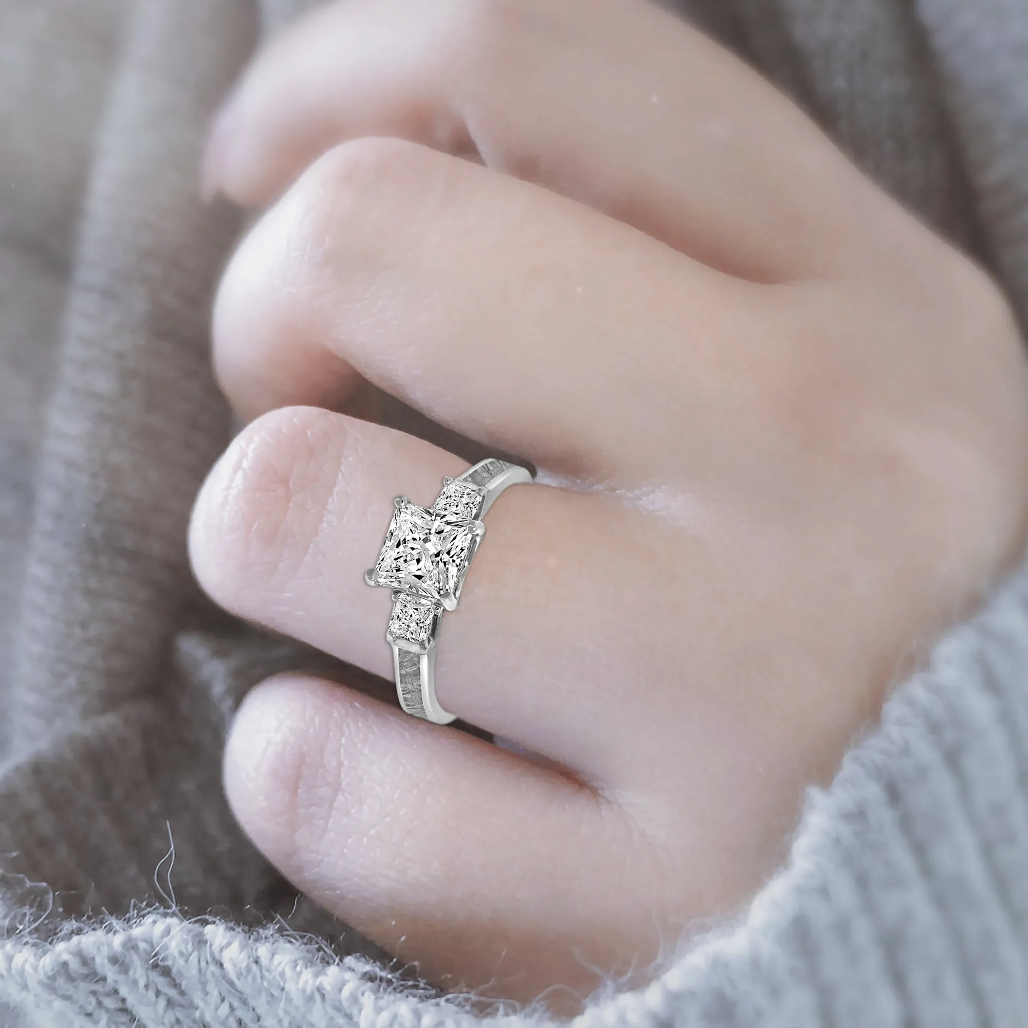 Cosmic Trio - 14K Gold or Sterling Silver Engagement Ring for Women | Certified 1.24 CT Princess Cut Moissanite & Muonionalusta Meteorite Ring for Her | Gift from the Skies for your Beloved