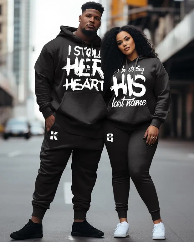 Couple Large Size Color Block Casual Couple Outfit His Her King Queen Graffiti Hoodie Set