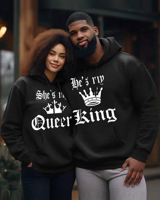 Couple's Plus Size Simple Casual Retro He Is My King Queen Long-Sleeved Hoodie