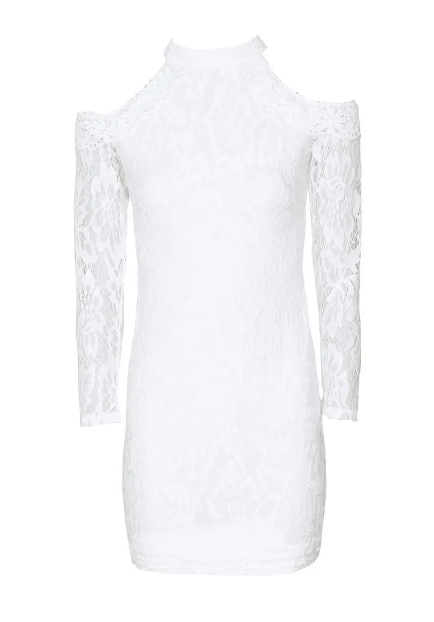 Cream Halter Neck Long Sleeve Cut Out Dress