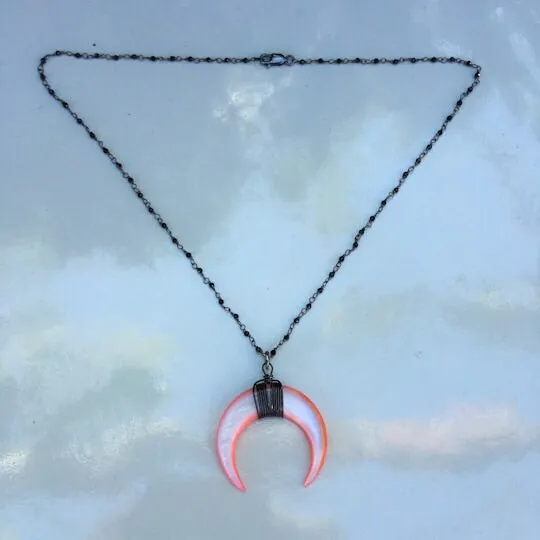 Crescent Shell on oxidized Sterling Silver Spinel wrapped chain