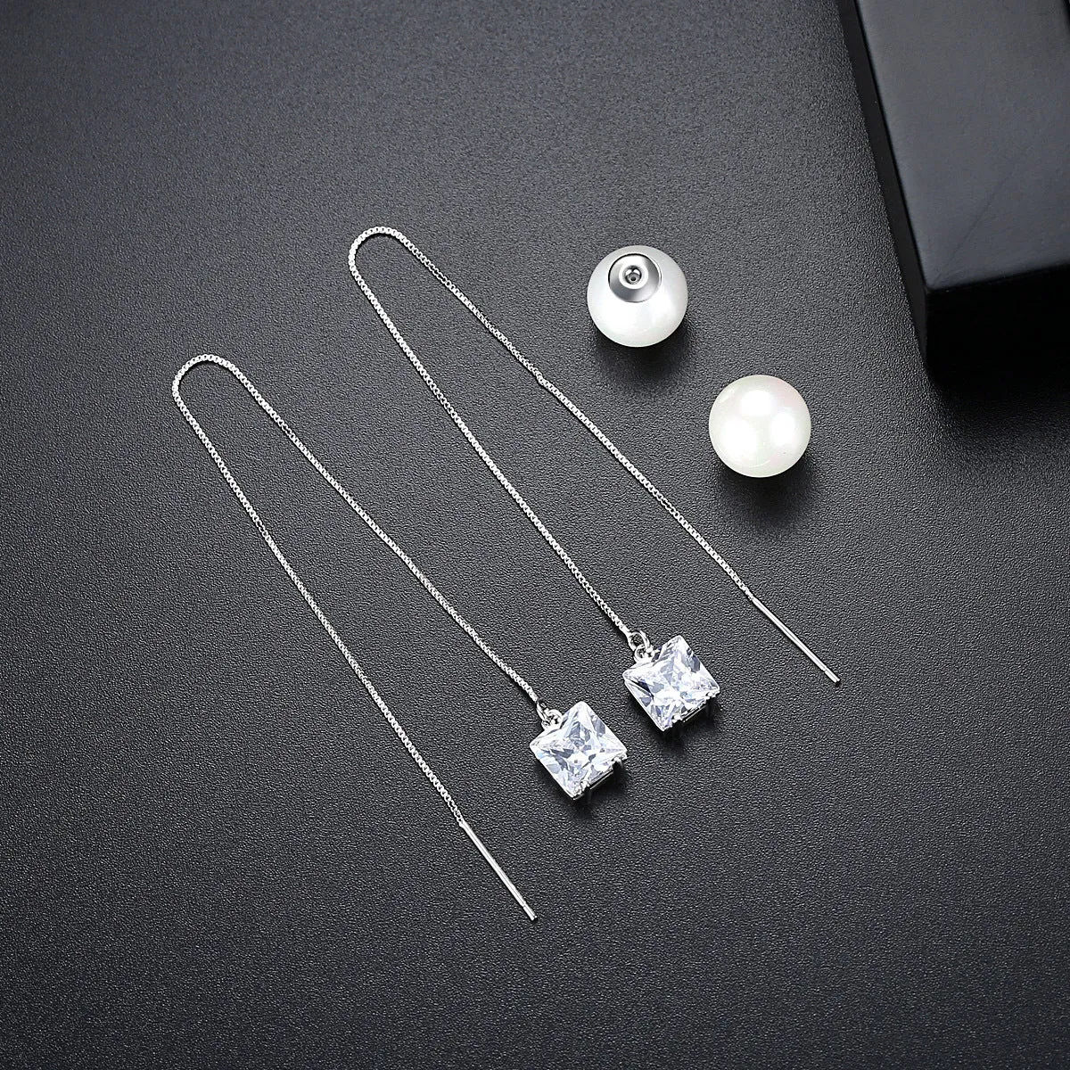Crystal & Pearl Silver-Plated Cube Ear Threaders