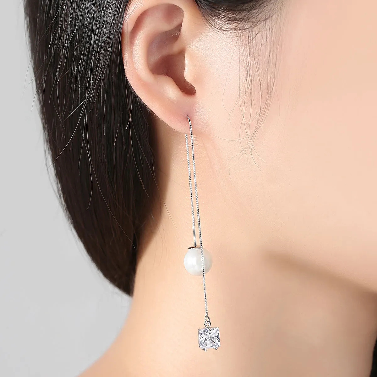 Crystal & Pearl Silver-Plated Cube Ear Threaders