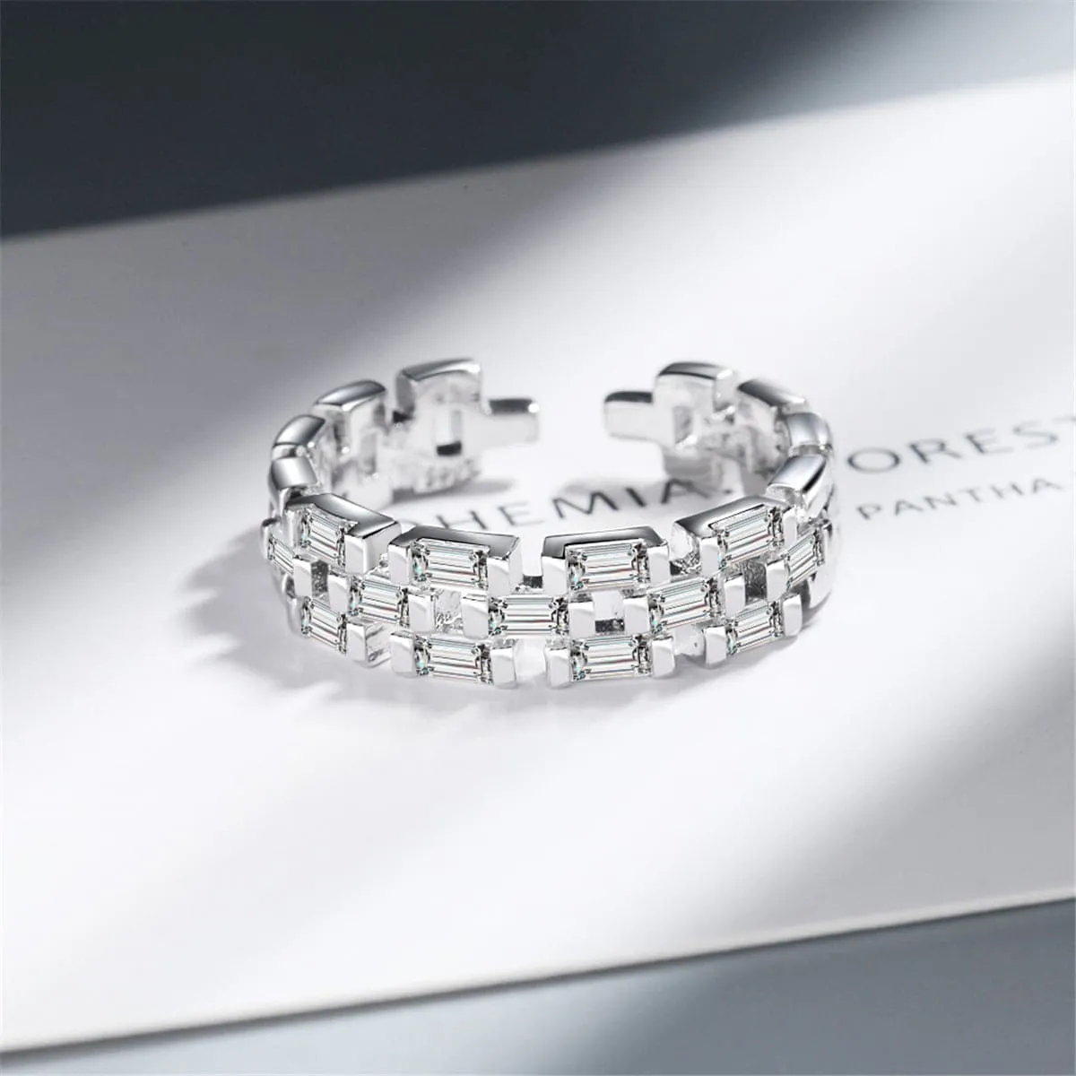Crystal & Silver-Plated Baguette-Cut Adjustable Ring