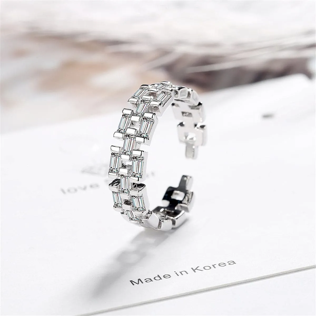 Crystal & Silver-Plated Baguette-Cut Adjustable Ring