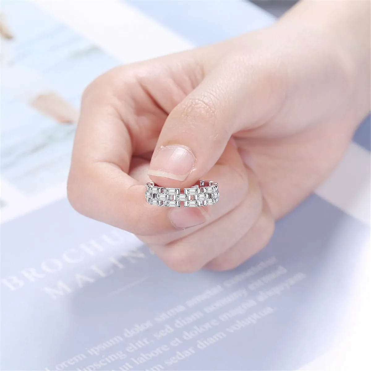 Crystal & Silver-Plated Baguette-Cut Adjustable Ring