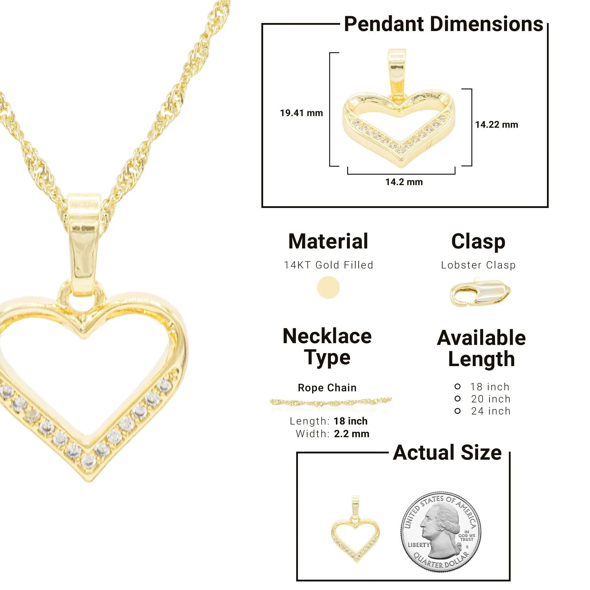 Cubic Zirconia 14K Gold Filled Delicate Heart Pendant Necklace Set