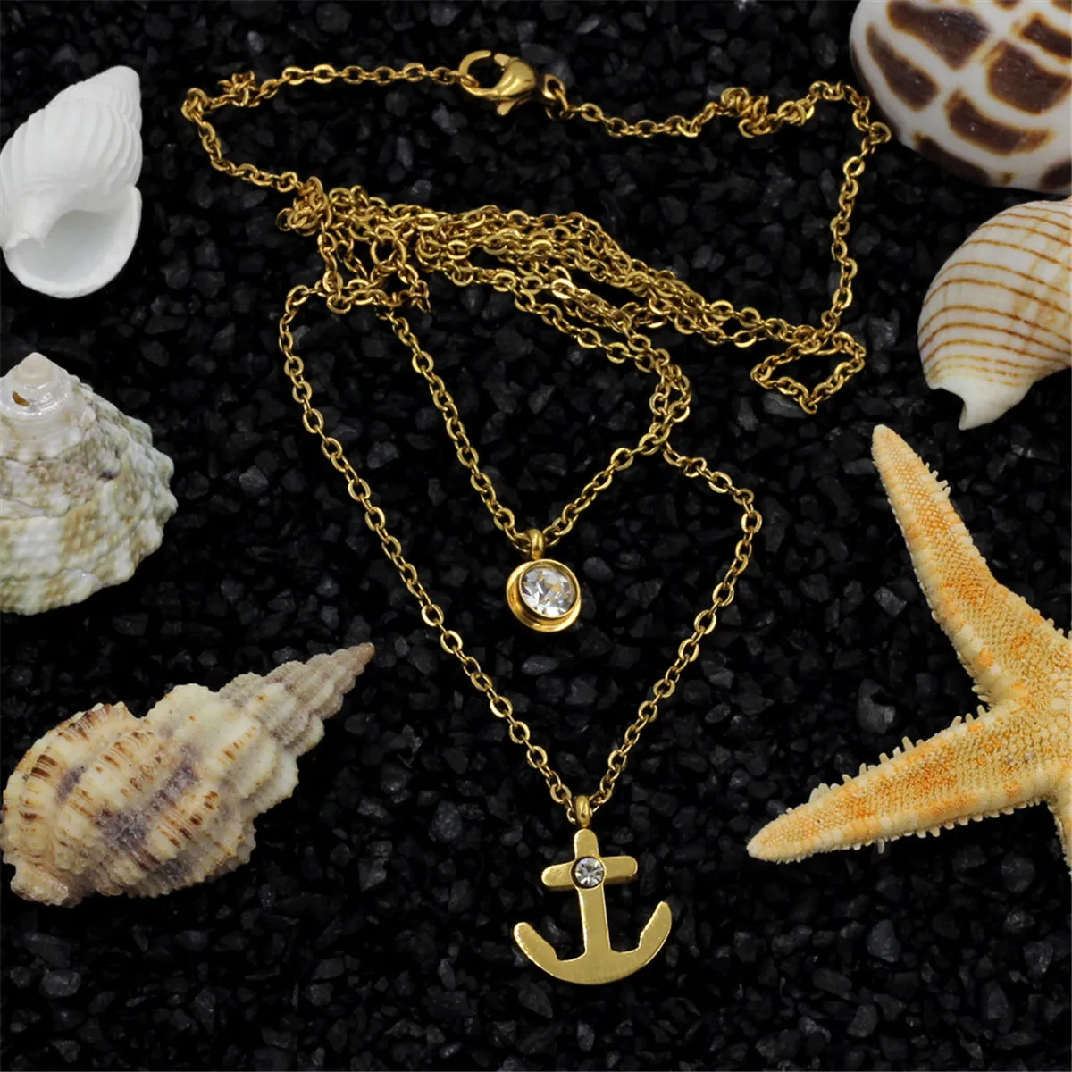Cubic Zirconia & 18K Gold-Plated Anchor Layered Pendant Necklace