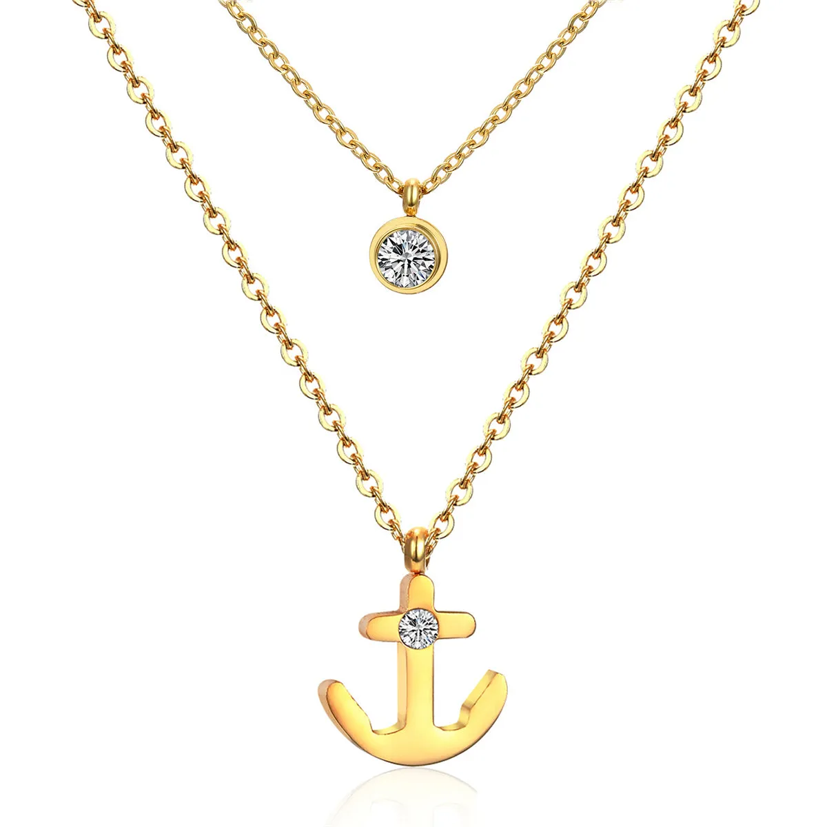 Cubic Zirconia & 18K Gold-Plated Anchor Layered Pendant Necklace