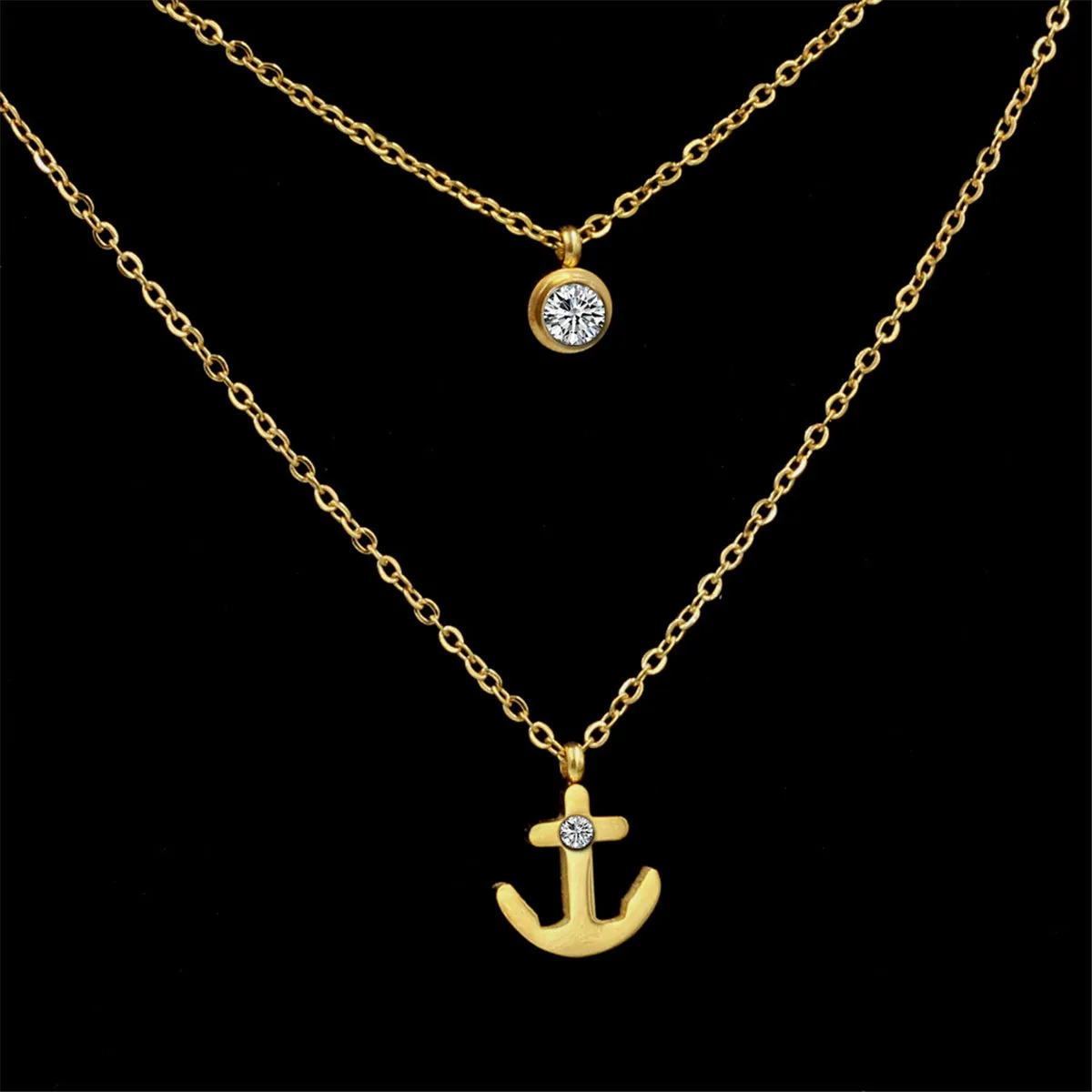 Cubic Zirconia & 18K Gold-Plated Anchor Layered Pendant Necklace